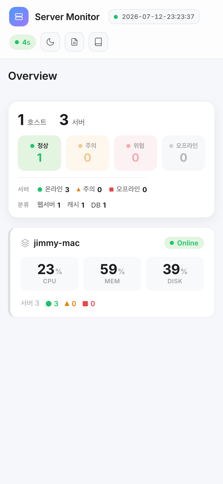 모바일 대시보드 — 요약 카드 2열, 호스트 카드 1열 배치