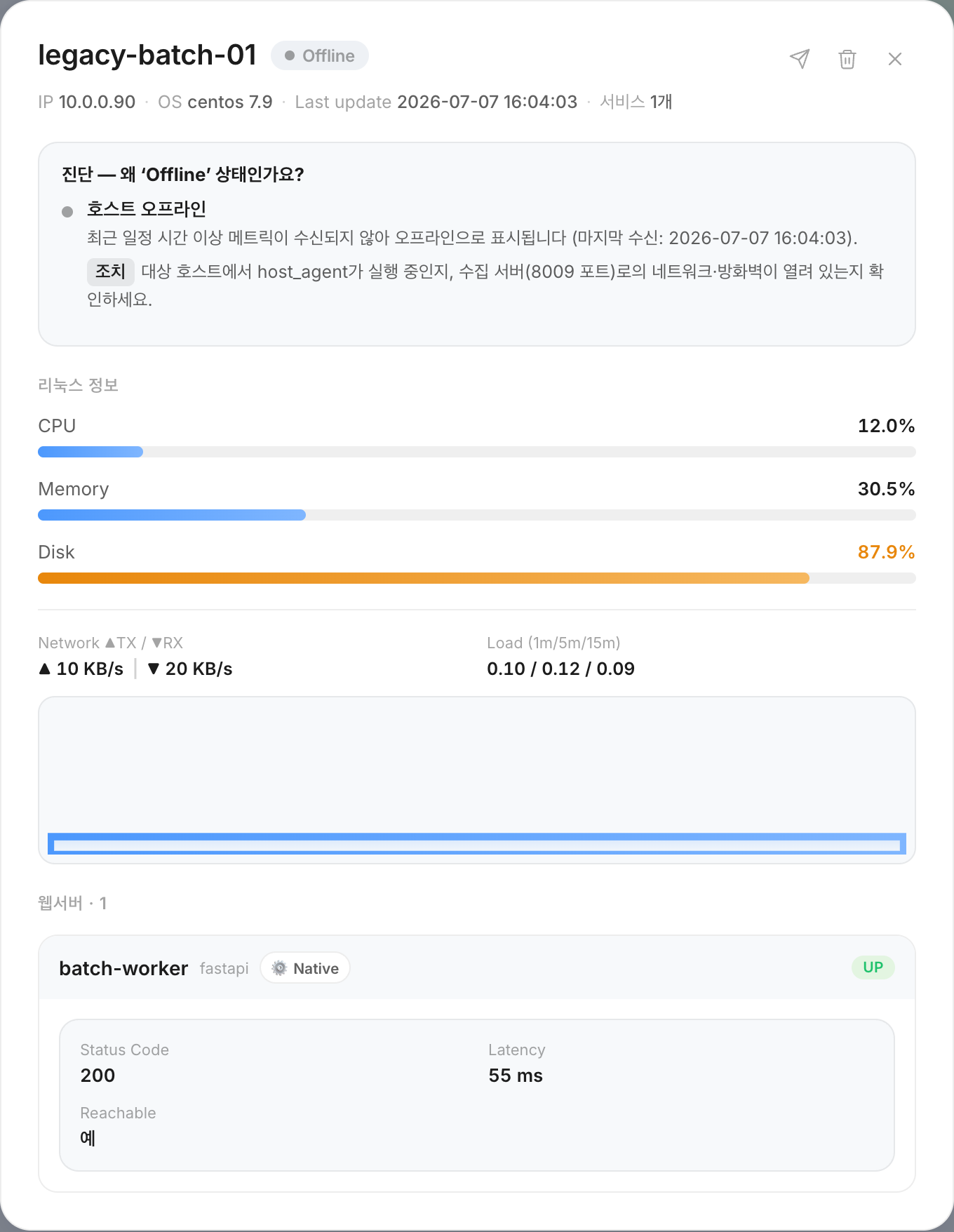 오프라인 호스트의 상세 모달 — 헤더에 휴지통(삭제) 버튼이 나타나고, 진단 패널에 마지막 수신 시각과 조치 안내가 표시